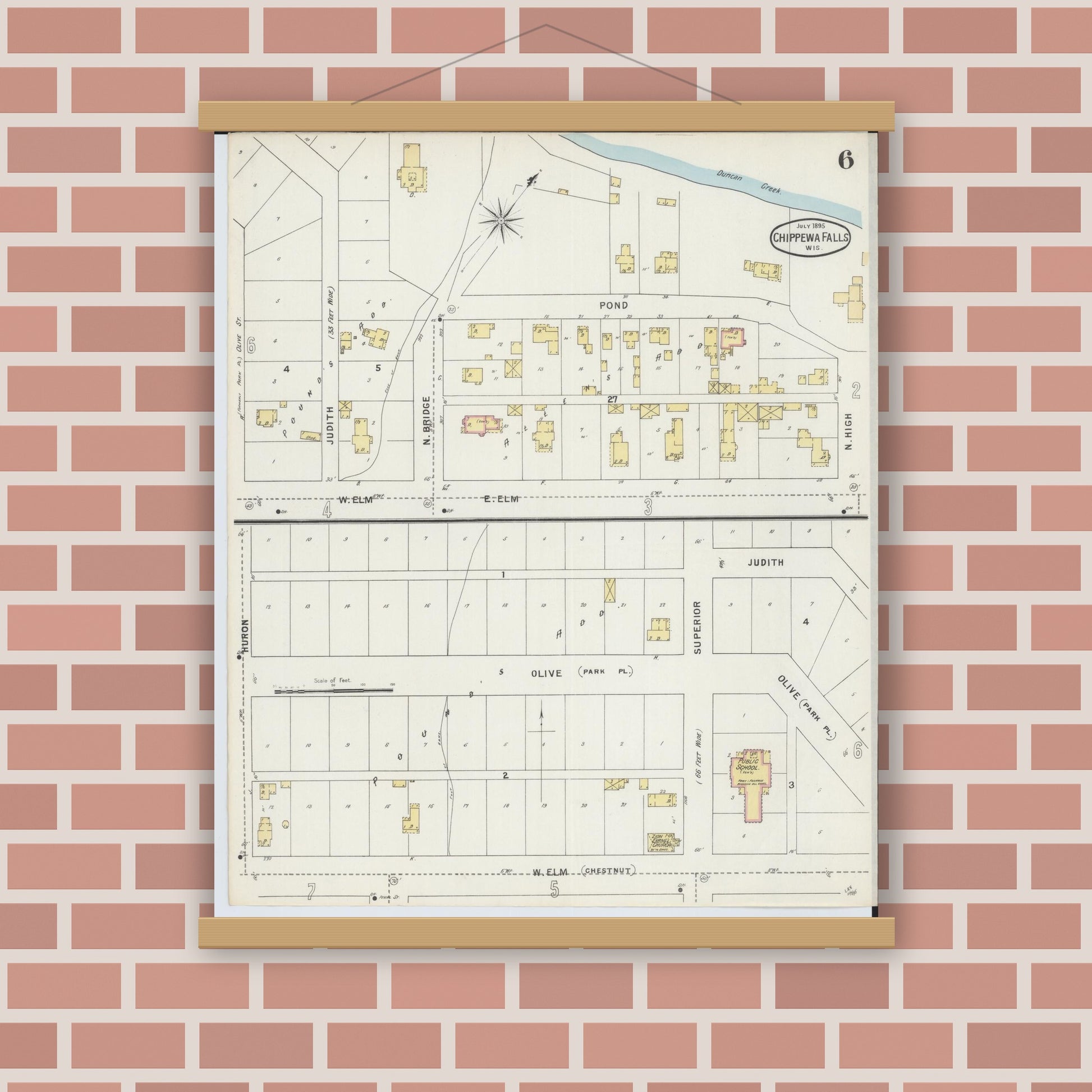 Old map wall art mockup — magnetic wood frame on brick wall — Sanborn Fire Insurance Map from Chippewa Falls, Chippewa County, Wisconsin (1895), Sheet #0006