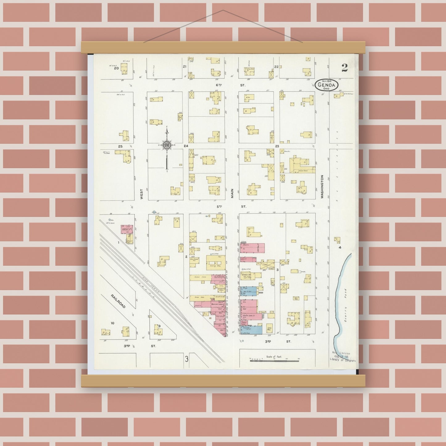 Old map wall art mockup — magnetic wood frame on brick wall — Sanborn Fire Insurance Map from Genoa, Ottawa County, Ohio (1910), Sheet #0002