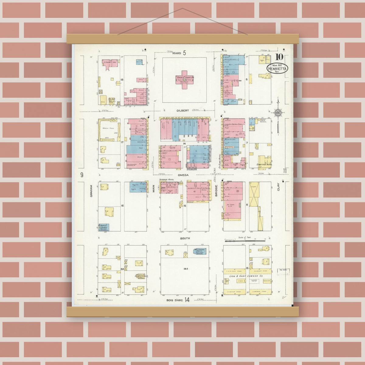 Old map wall art mockup — magnetic wood frame on brick wall — Sanborn Fire Insurance Map from Henrietta, Clay County, Texas (1912), Sheet #0010