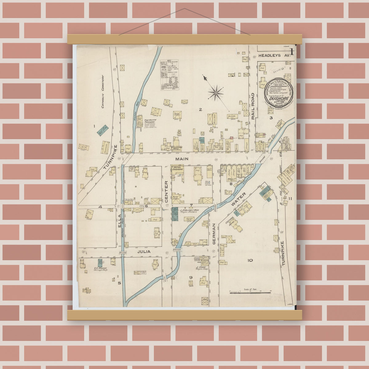 Old map wall art mockup — magnetic wood frame on brick wall — Sanborn Fire Insurance Map from Dushore, Sullivan County, Pennsylvania (1885) - Complete Map Set