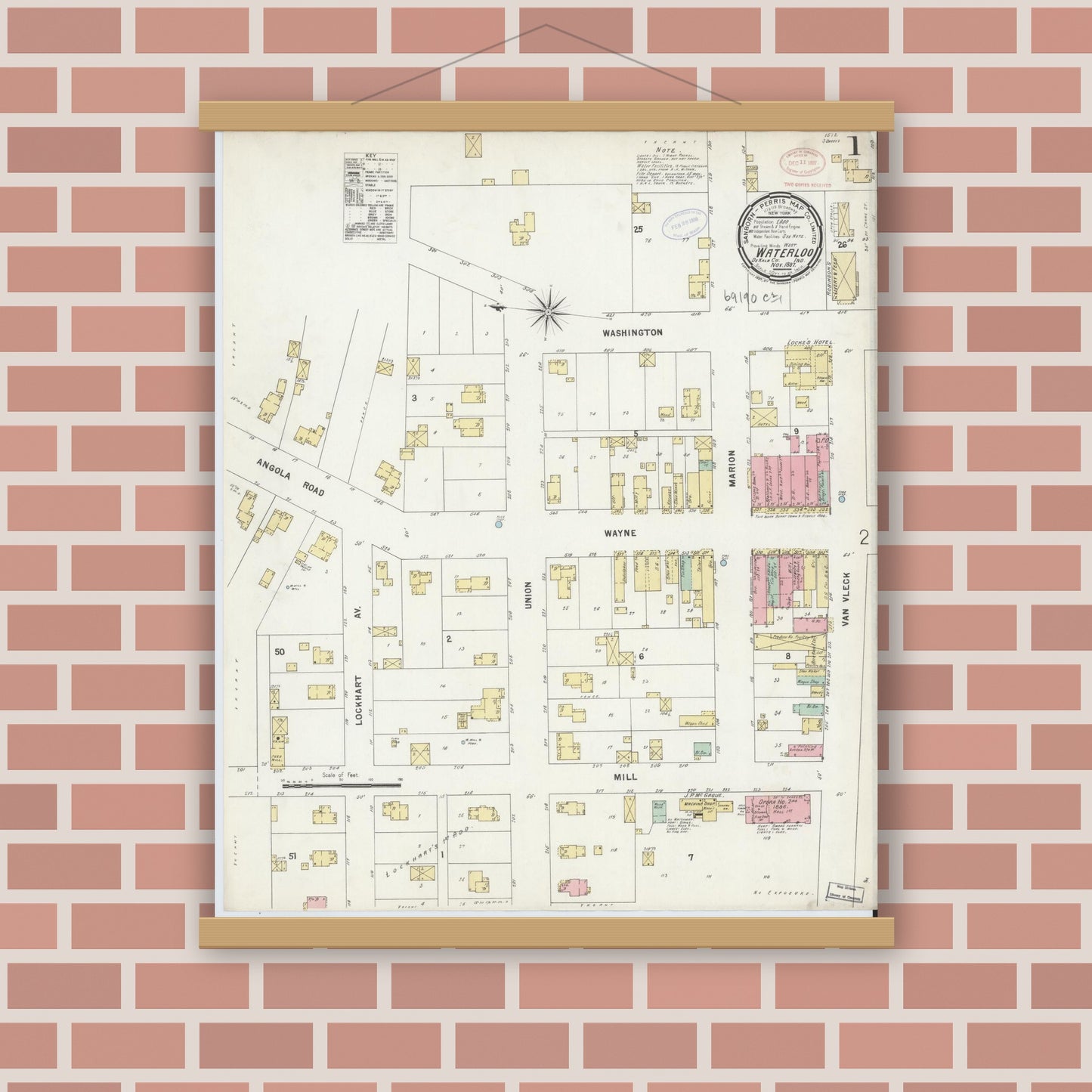 Old map wall art mockup — magnetic wood frame on brick wall — Sanborn Fire Insurance Map from Waterloo, De Kalb County, Indiana (1897) - Complete Map Set