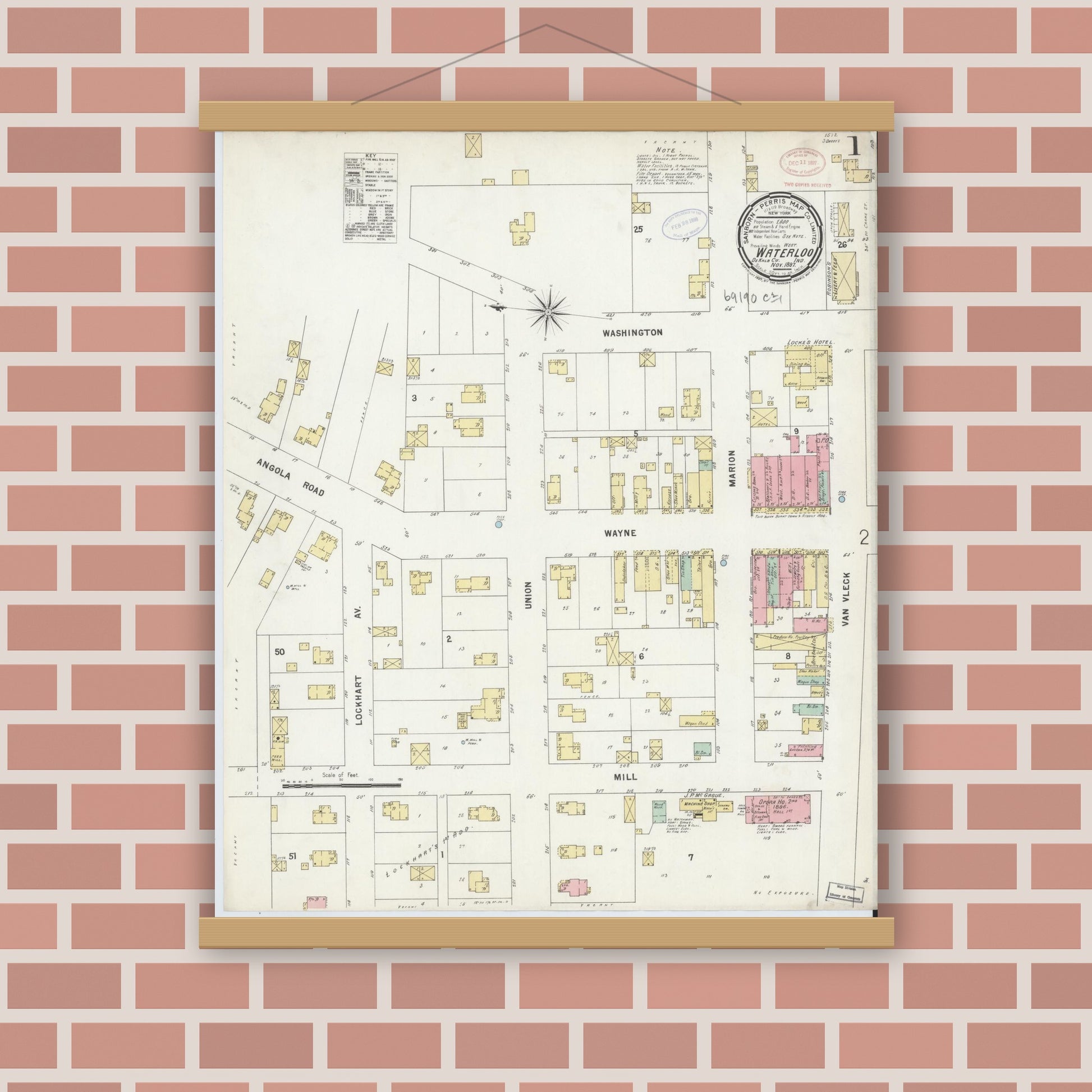Old map wall art mockup — magnetic wood frame on brick wall — Sanborn Fire Insurance Map from Waterloo, De Kalb County, Indiana (1897) - Complete Map Set