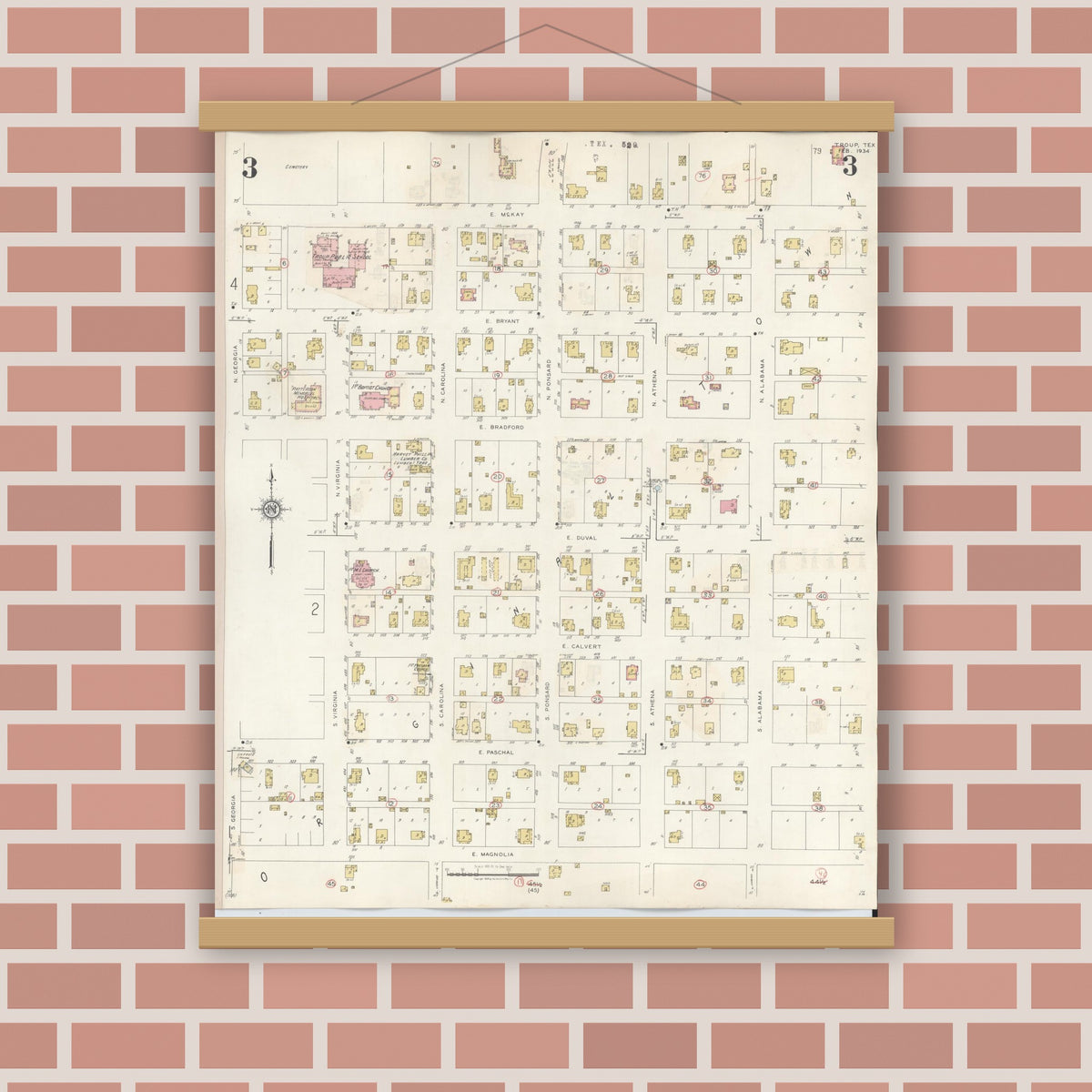Old map wall art mockup — magnetic wood frame on brick wall — Sanborn Fire Insurance Map from Troup, Smith County, Texas (1943), Sheet #0003