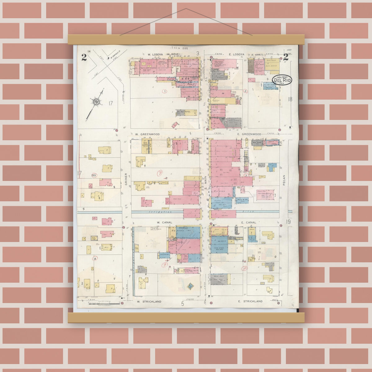 Old map wall art mockup — magnetic wood frame on brick wall — Sanborn Fire Insurance Map from Del Rio, Val Verde County, Texas (1948), Sheet #0002