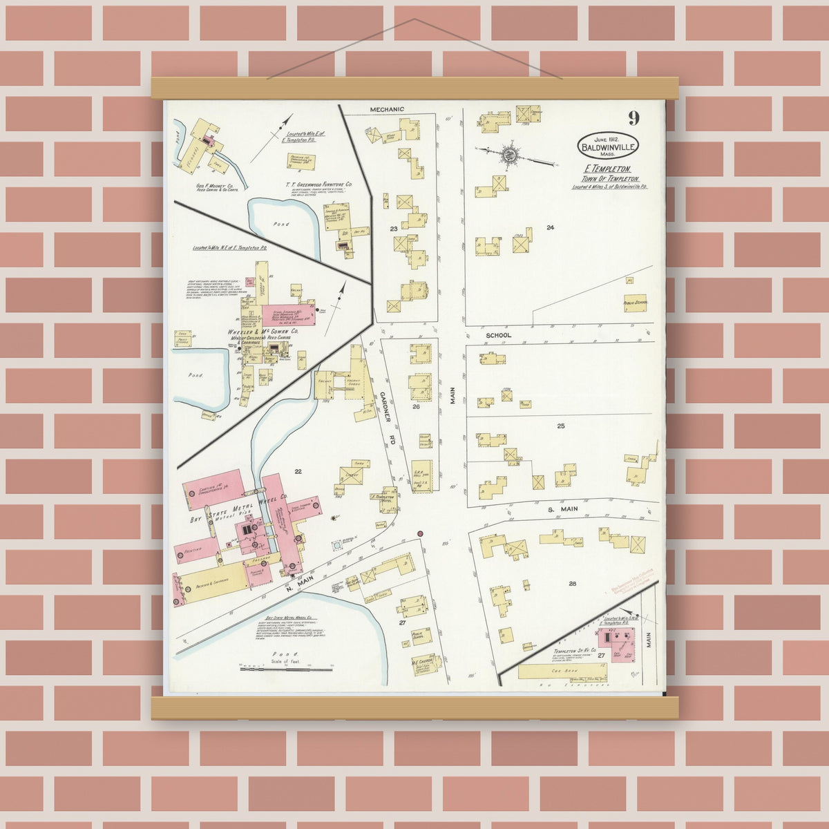 Old map wall art mockup — magnetic wood frame on brick wall — Sanborn Fire Insurance Map from Baldwinville, Worcester County, Massachusetts (1912), Sheet #0009