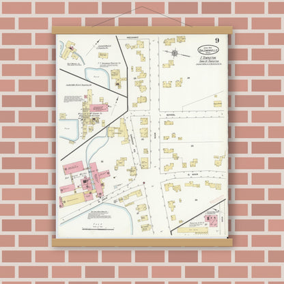Old map wall art mockup — magnetic wood frame on brick wall — Sanborn Fire Insurance Map from Baldwinville, Worcester County, Massachusetts (1912), Sheet #0009