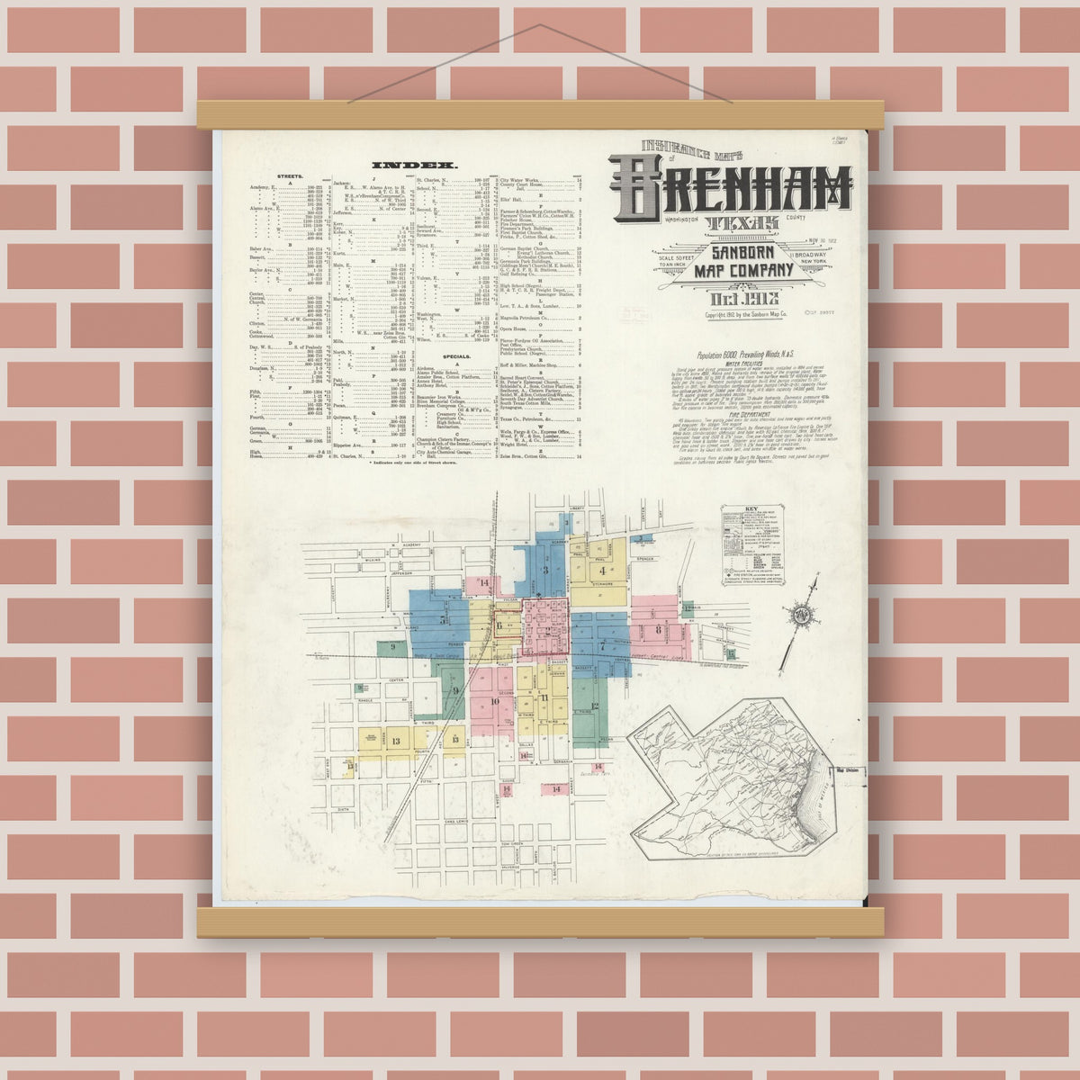 Old map wall art mockup — magnetic wood frame on brick wall — Sanborn Fire Insurance Map from Brenham, Washington County, Texas (1912) - Complete Map Set