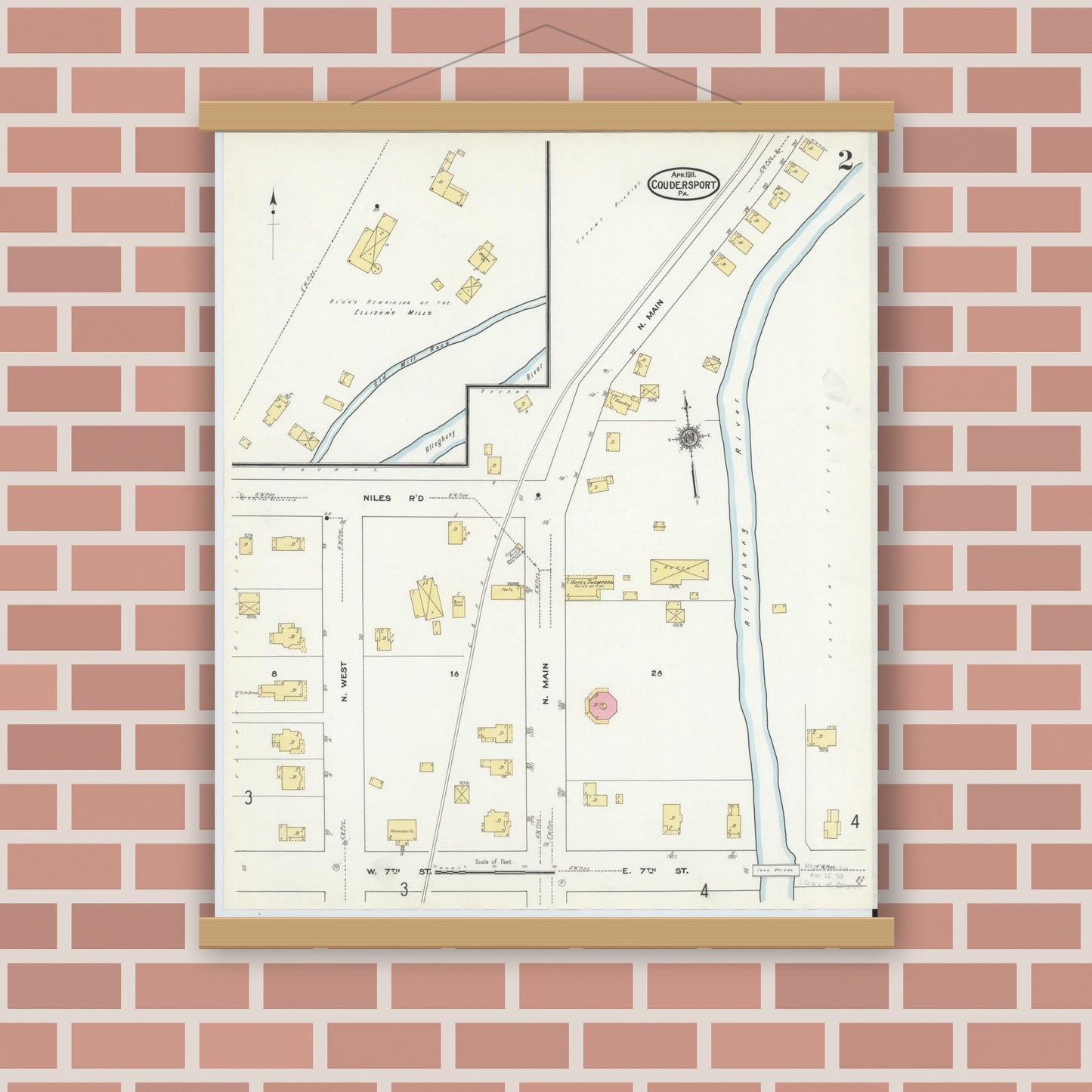 Old map wall art mockup — magnetic wood frame on brick wall — Sanborn Fire Insurance Map from Coudersport, Potter County, Pennsylvania (1911), Sheet #0002