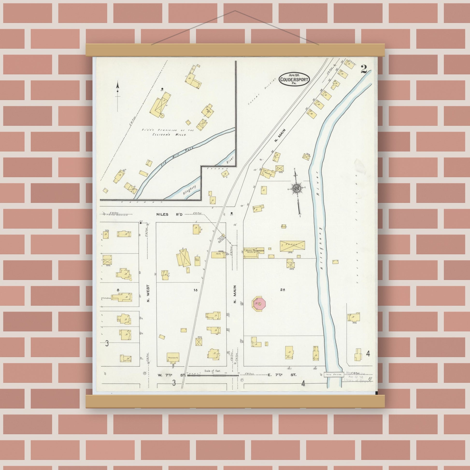 Old map wall art mockup — magnetic wood frame on brick wall — Sanborn Fire Insurance Map from Coudersport, Potter County, Pennsylvania (1911), Sheet #0002