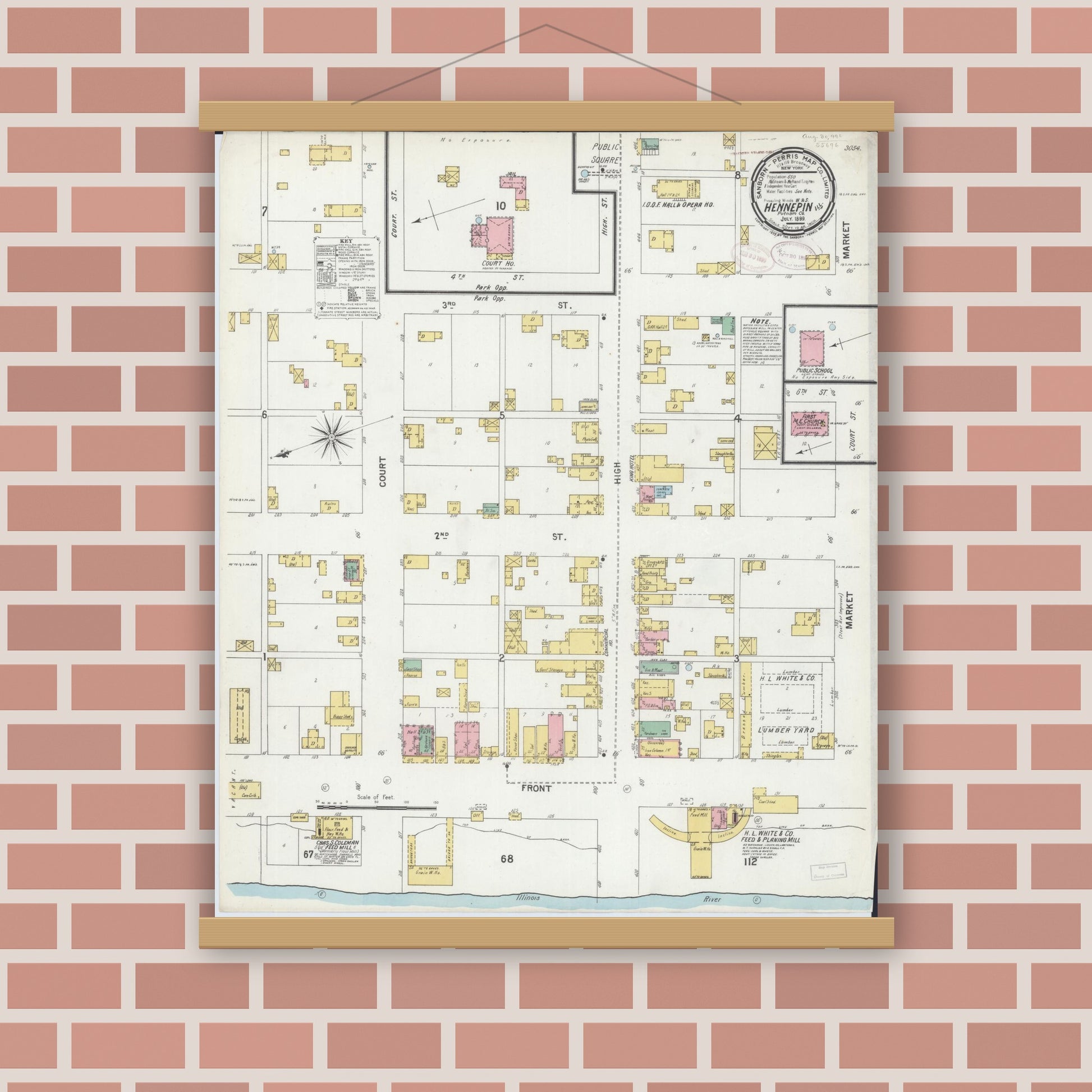 Old map wall art mockup — magnetic wood frame on brick wall — Sanborn Fire Insurance Map from Hennepin, Putnam County, Illinois (1899), Sheet #0001