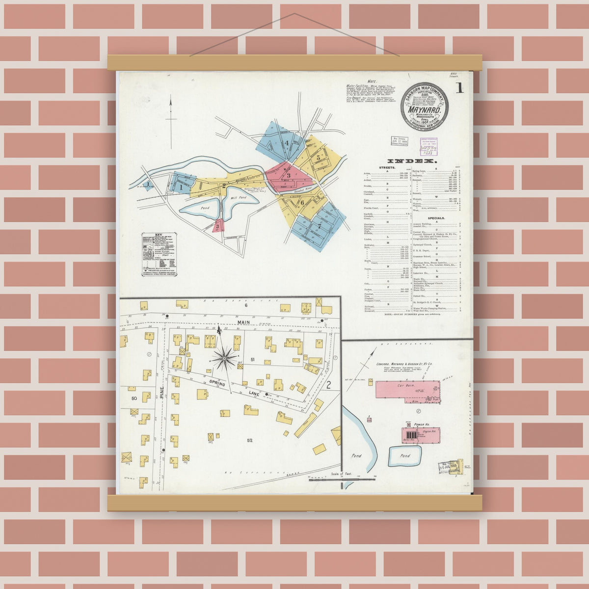 Old map wall art mockup — magnetic wood frame on brick wall — Sanborn Fire Insurance Map from Maynard, Middlesex County, Massachusetts (1904) - Complete Map Set