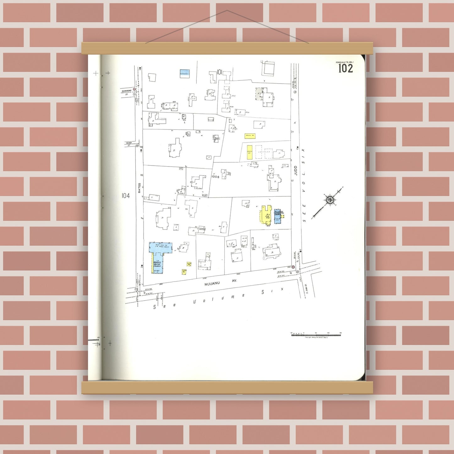 Old map wall art mockup — magnetic wood frame on brick wall — Sanborn Fire Insurance Map from Honolulu, Oahu County, Hawaii (1955), Sheet #0102