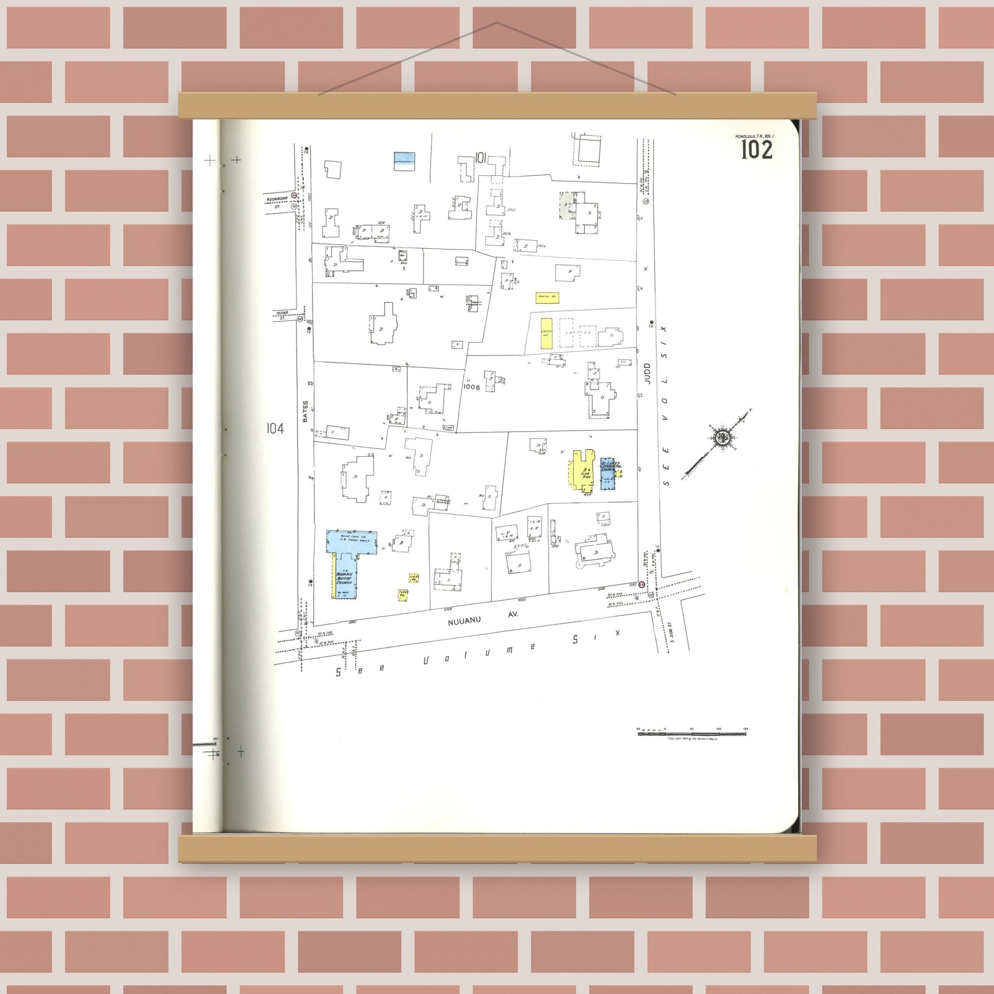 Old map wall art mockup — magnetic wood frame on brick wall — Sanborn Fire Insurance Map from Honolulu, Oahu County, Hawaii (1955), Sheet #0102