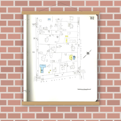 Old map wall art mockup — magnetic wood frame on brick wall — Sanborn Fire Insurance Map from Honolulu, Oahu County, Hawaii (1955), Sheet #0102
