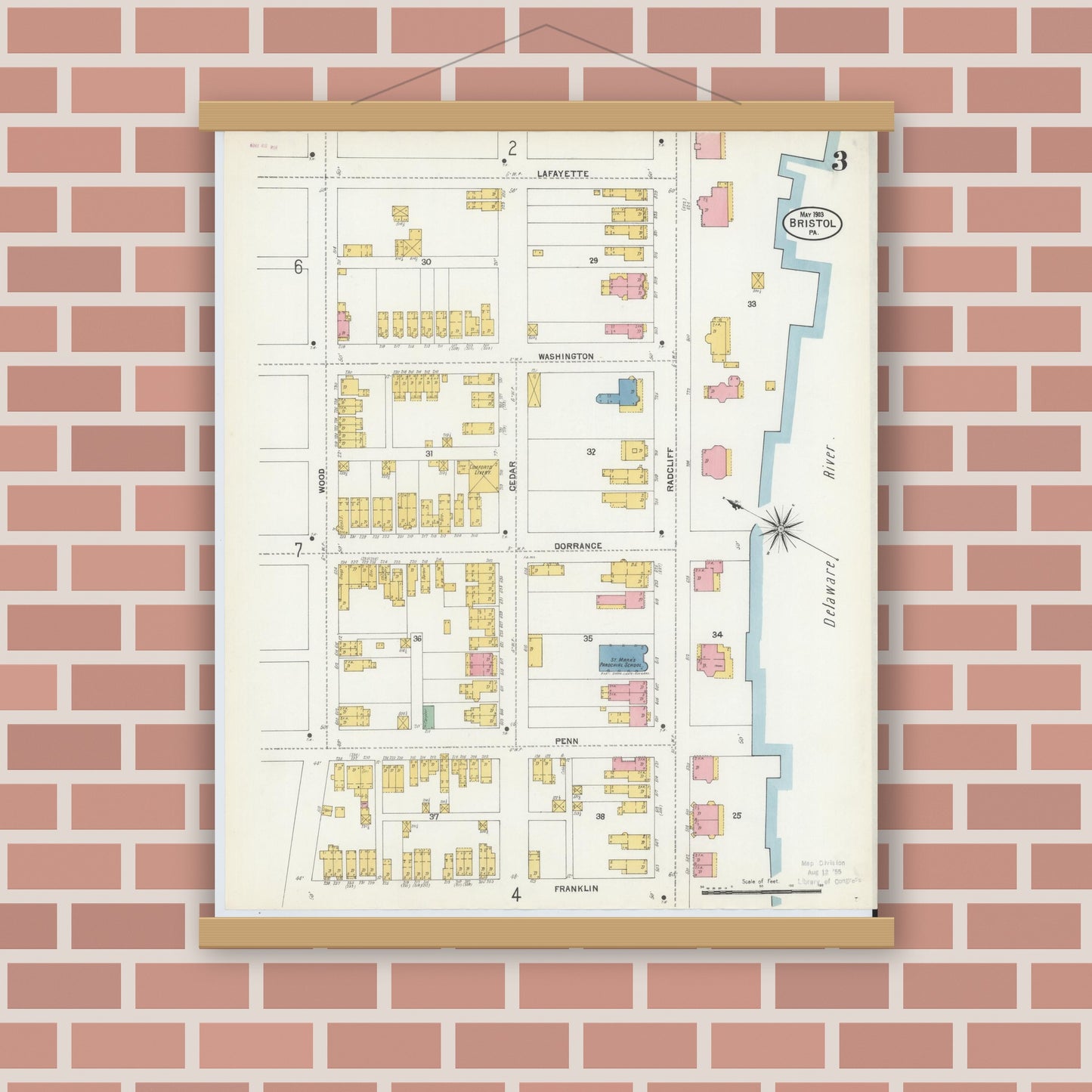 Old map wall art mockup — magnetic wood frame on brick wall — Sanborn Fire Insurance Map from Bristol, Bucks County, Pennsylvania (1903), Sheet #0003