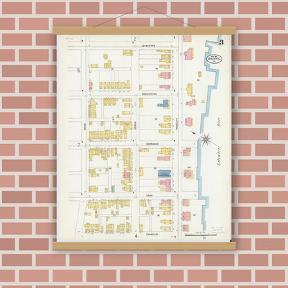 Old map wall art mockup — magnetic wood frame on brick wall — Sanborn Fire Insurance Map from Bristol, Bucks County, Pennsylvania (1903), Sheet #0003