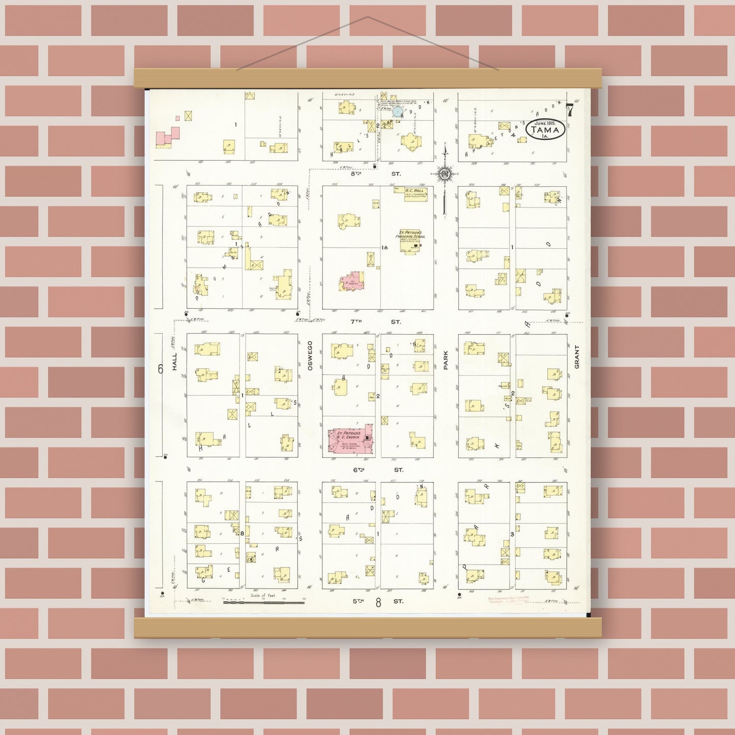 Old map wall art mockup — magnetic wood frame on brick wall — Sanborn Fire Insurance Map from Tama, Tama County, Iowa (1915), Sheet #0007