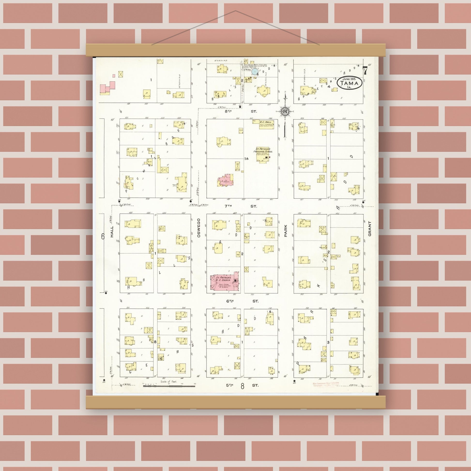 Old map wall art mockup — magnetic wood frame on brick wall — Sanborn Fire Insurance Map from Tama, Tama County, Iowa (1915), Sheet #0007