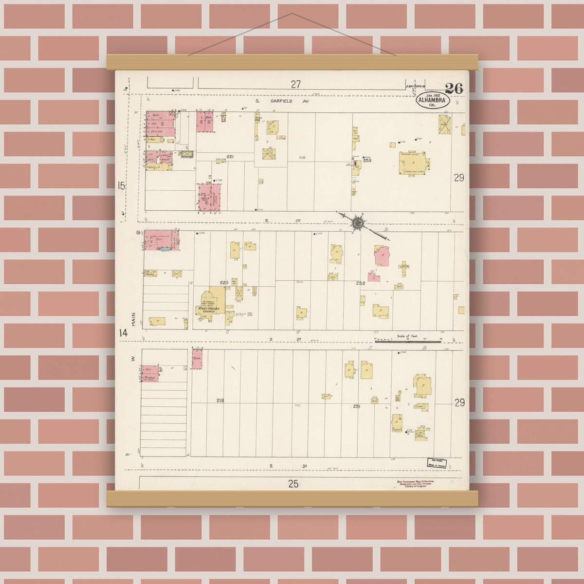 Old map wall art mockup — magnetic wood frame on brick wall — Sanborn Fire Insurance Map from Alhambra, Los Angeles County, California (1912), Sheet #0026