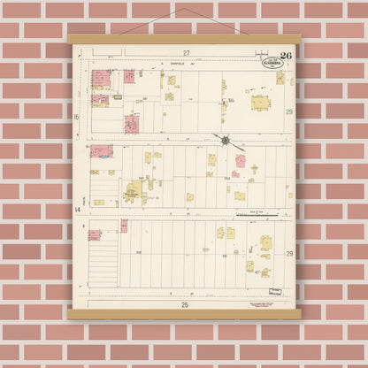 Old map wall art mockup — magnetic wood frame on brick wall — Sanborn Fire Insurance Map from Alhambra, Los Angeles County, California (1912), Sheet #0026