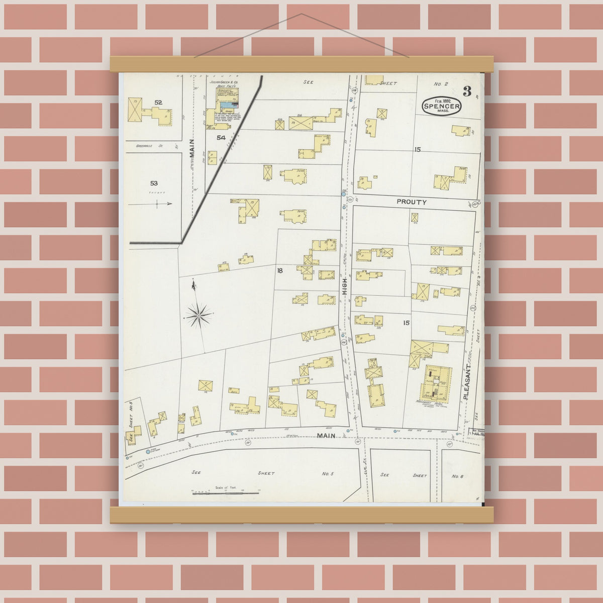 Old map wall art mockup — magnetic wood frame on brick wall — Sanborn Fire Insurance Map from Spencer, Worcester County, Massachusetts (1892), Sheet #0003