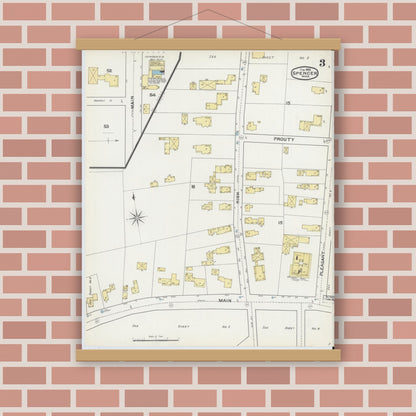 Old map wall art mockup — magnetic wood frame on brick wall — Sanborn Fire Insurance Map from Spencer, Worcester County, Massachusetts (1892), Sheet #0003