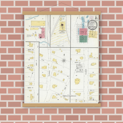 Old map wall art mockup — magnetic wood frame on brick wall — Sanborn Fire Insurance Map from Mount Pleasant, Titus County, Texas (1901) - Complete Map Set