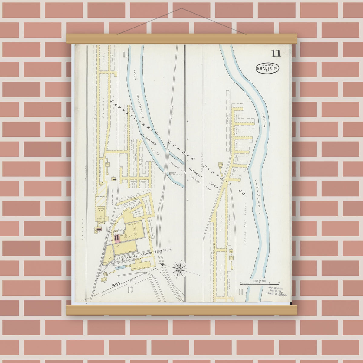 Old map wall art mockup — magnetic wood frame on brick wall — Sanborn Fire Insurance Map from Bradford, McKean County, Pennsylvania (1895), Sheet #0011