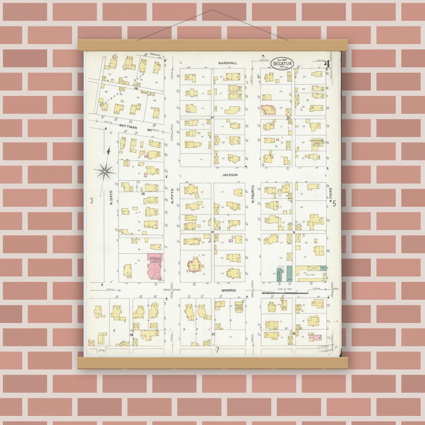 Old map wall art mockup — magnetic wood frame on brick wall — Sanborn Fire Insurance Map from Decatur, Adams County, Indiana (1907), Sheet #0004