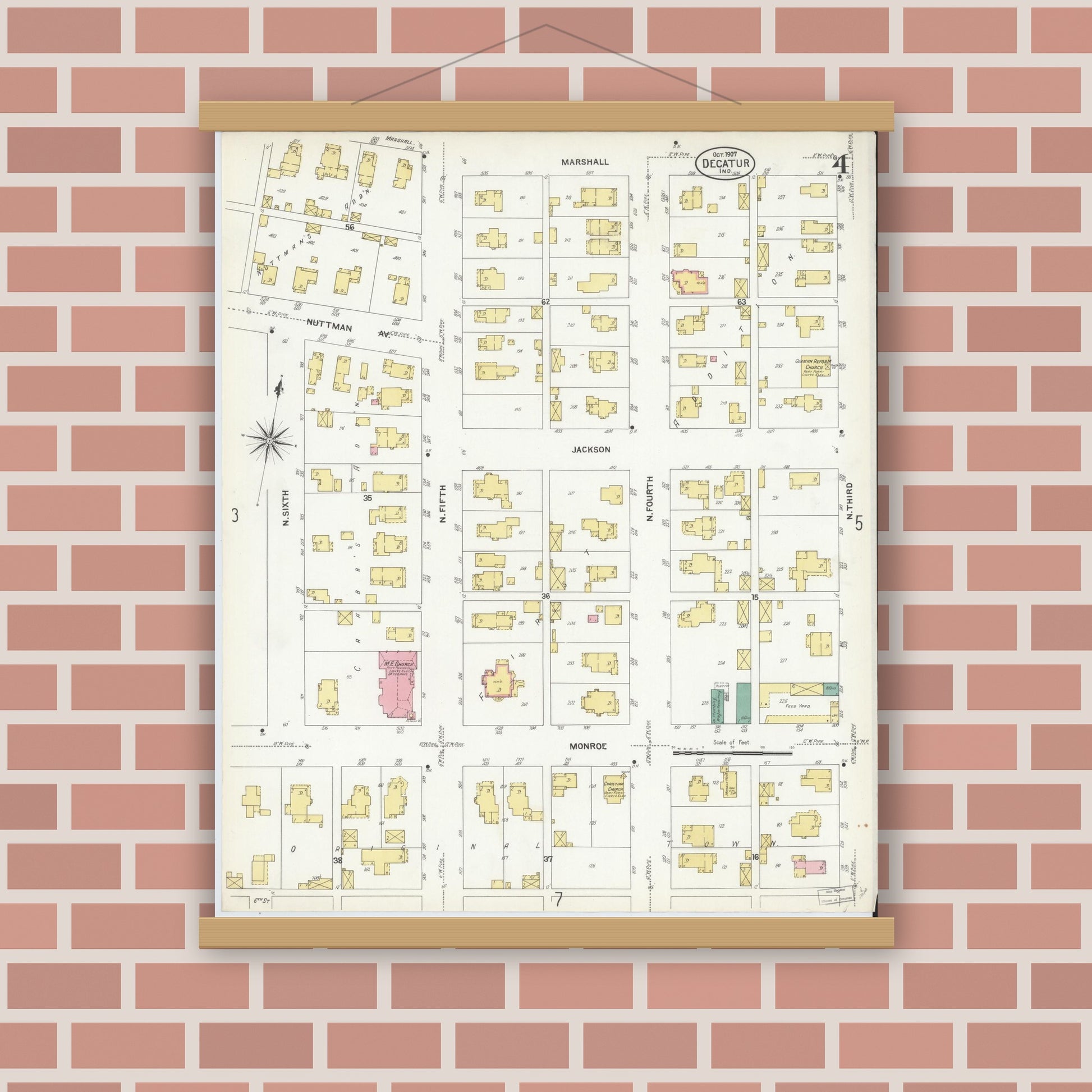 Old map wall art mockup — magnetic wood frame on brick wall — Sanborn Fire Insurance Map from Decatur, Adams County, Indiana (1907), Sheet #0004
