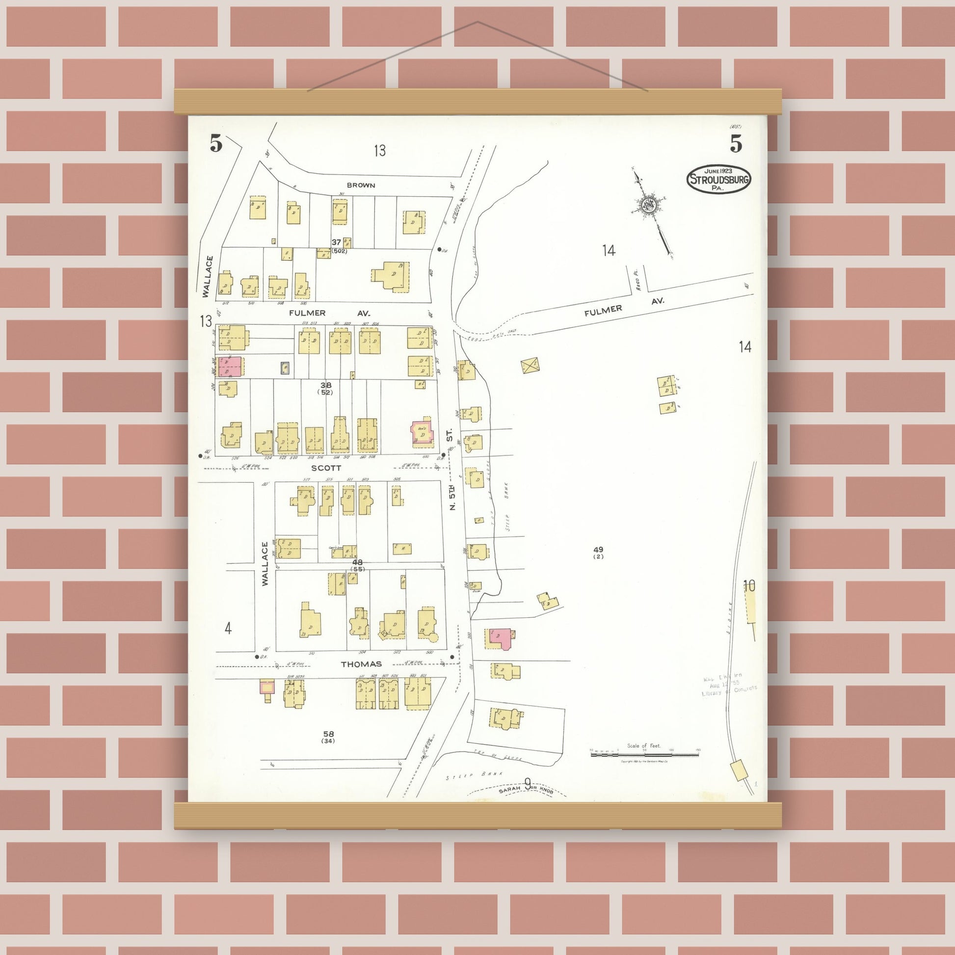 Old map wall art mockup — magnetic wood frame on brick wall — Sanborn Fire Insurance Map from Stroudsburg, Monroe County, Pennsylvania (1923), Sheet #0005