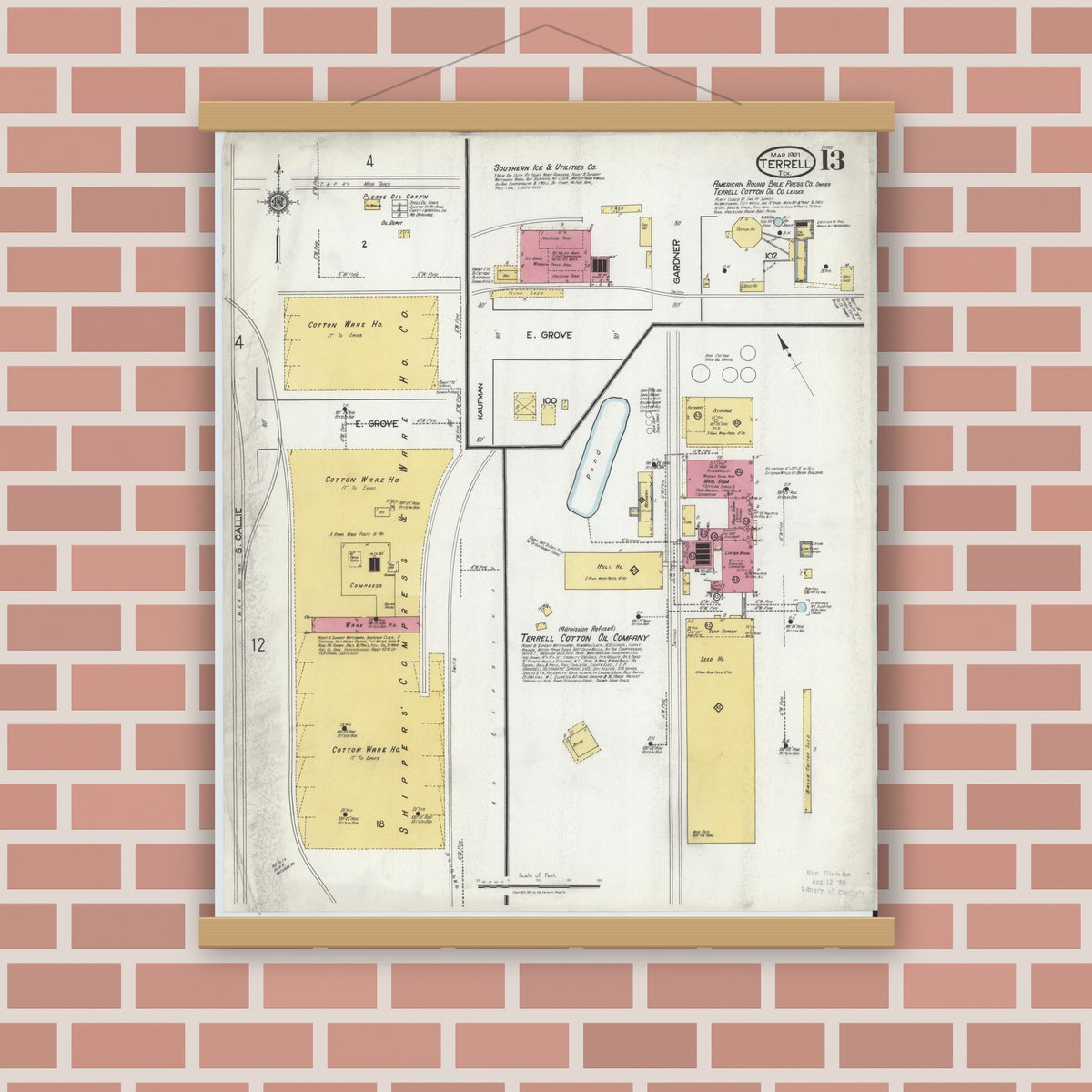 Old map wall art mockup — magnetic wood frame on brick wall — Sanborn Fire Insurance Map from Terrell, Kaufman County, Texas (1921), Sheet #0013