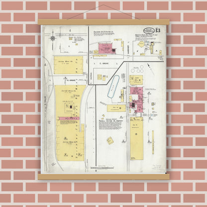 Old map wall art mockup — magnetic wood frame on brick wall — Sanborn Fire Insurance Map from Terrell, Kaufman County, Texas (1921), Sheet #0013