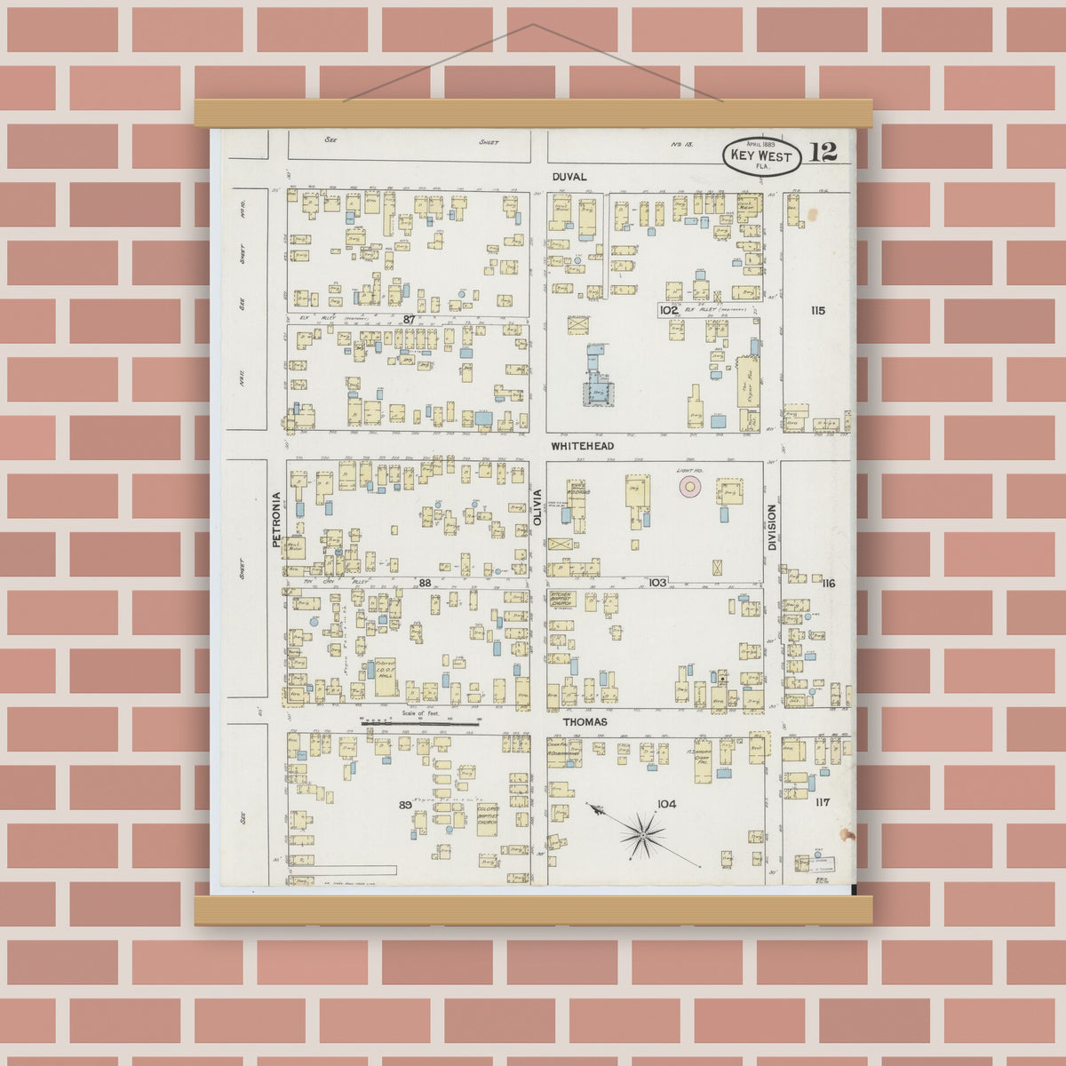 Old map wall art mockup — magnetic wood frame on brick wall — Sanborn Fire Insurance Map from Key West, Monroe County, Florida (1889), Sheet #0012