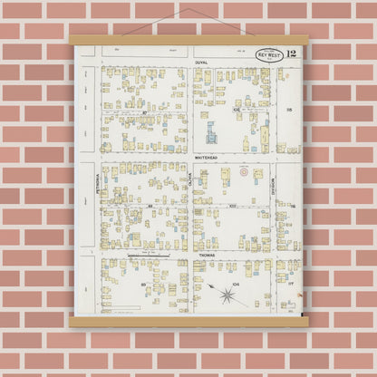 Old map wall art mockup — magnetic wood frame on brick wall — Sanborn Fire Insurance Map from Key West, Monroe County, Florida (1889), Sheet #0012