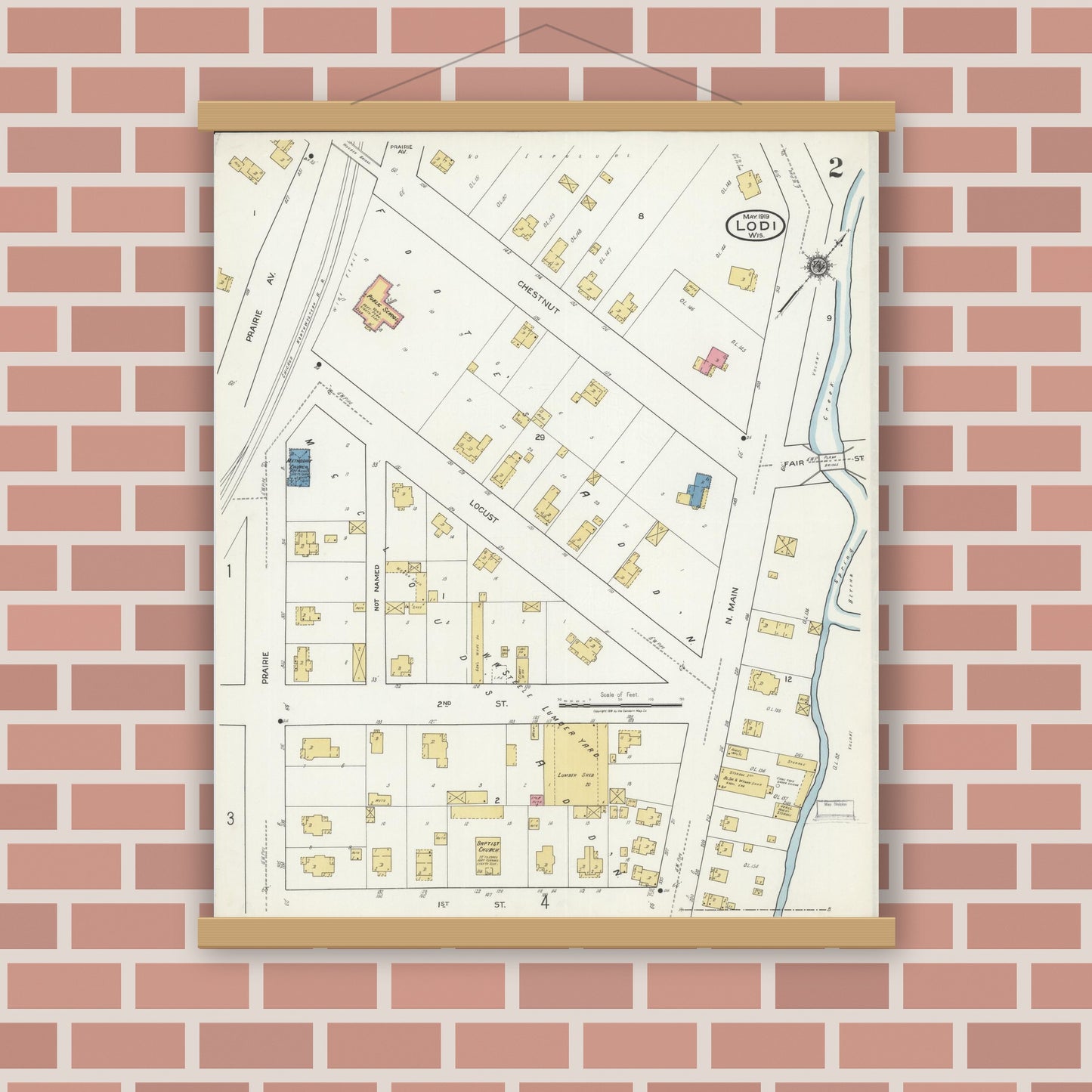 Old map wall art mockup — magnetic wood frame on brick wall — Sanborn Fire Insurance Map from Lodi, Columbia County, Wisconsin (1919), Sheet #0002