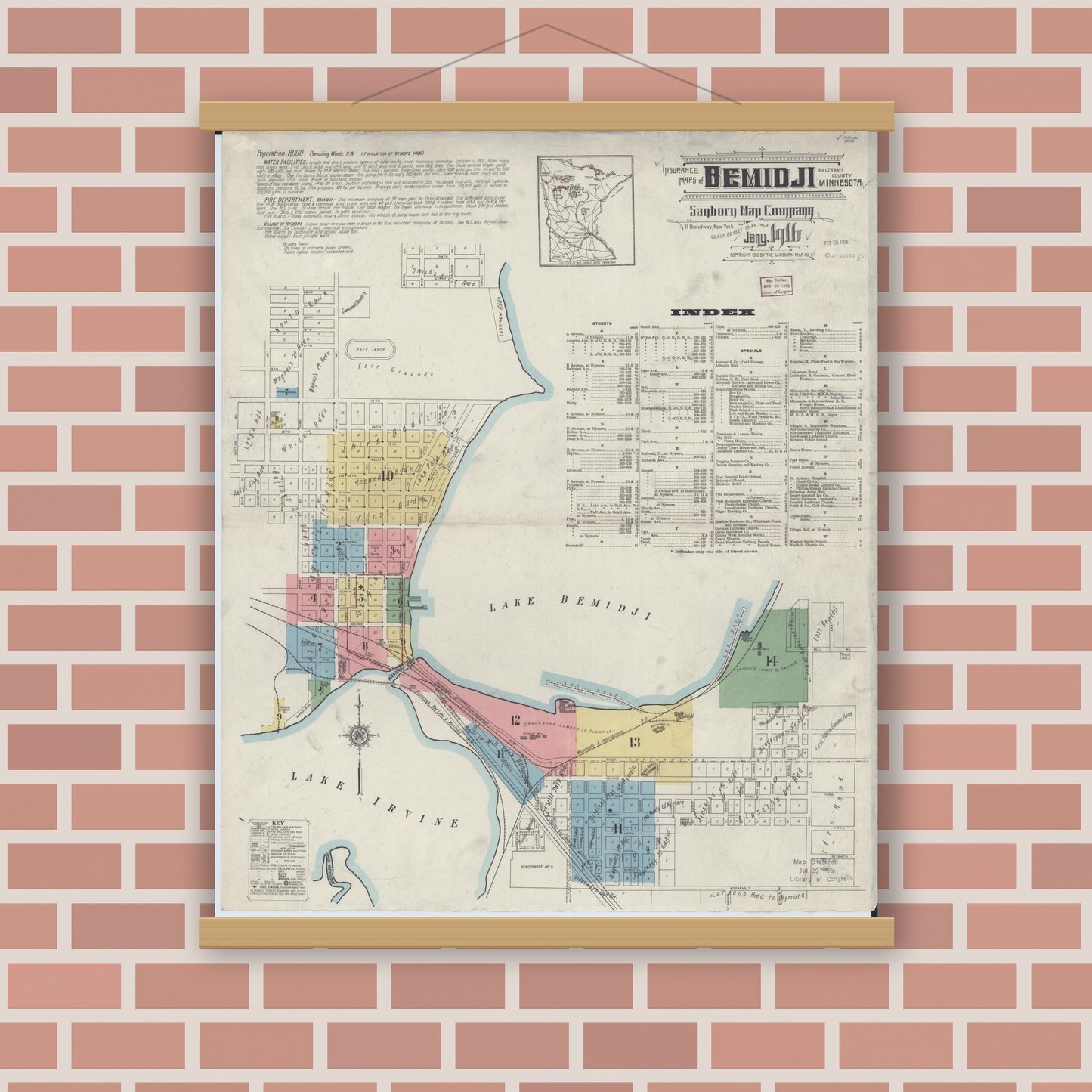 Old map wall art mockup — magnetic wood frame on brick wall — Sanborn Fire Insurance Map from Bemidji, Beltrami County, Minnesota (1916), Sheet #0001