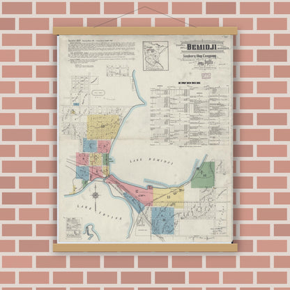 Old map wall art mockup — magnetic wood frame on brick wall — Sanborn Fire Insurance Map from Bemidji, Beltrami County, Minnesota (1916), Sheet #0001
