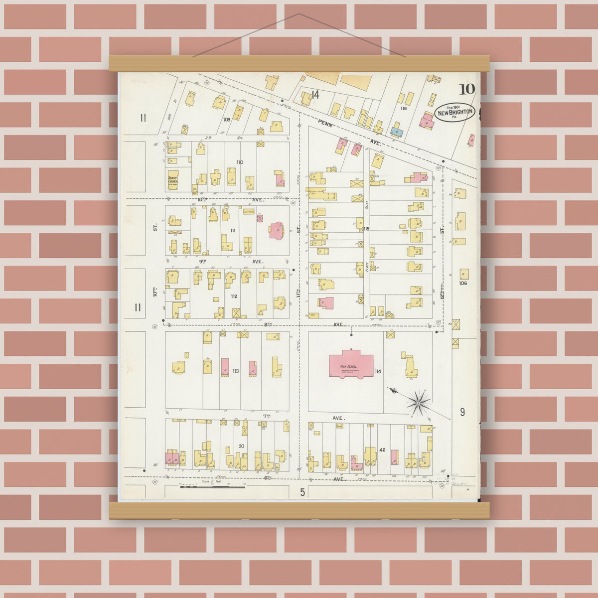 Old map wall art mockup — magnetic wood frame on brick wall — Sanborn Fire Insurance Map from New Brighton, Beaver County, Pennsylvania (1901), Sheet #0010