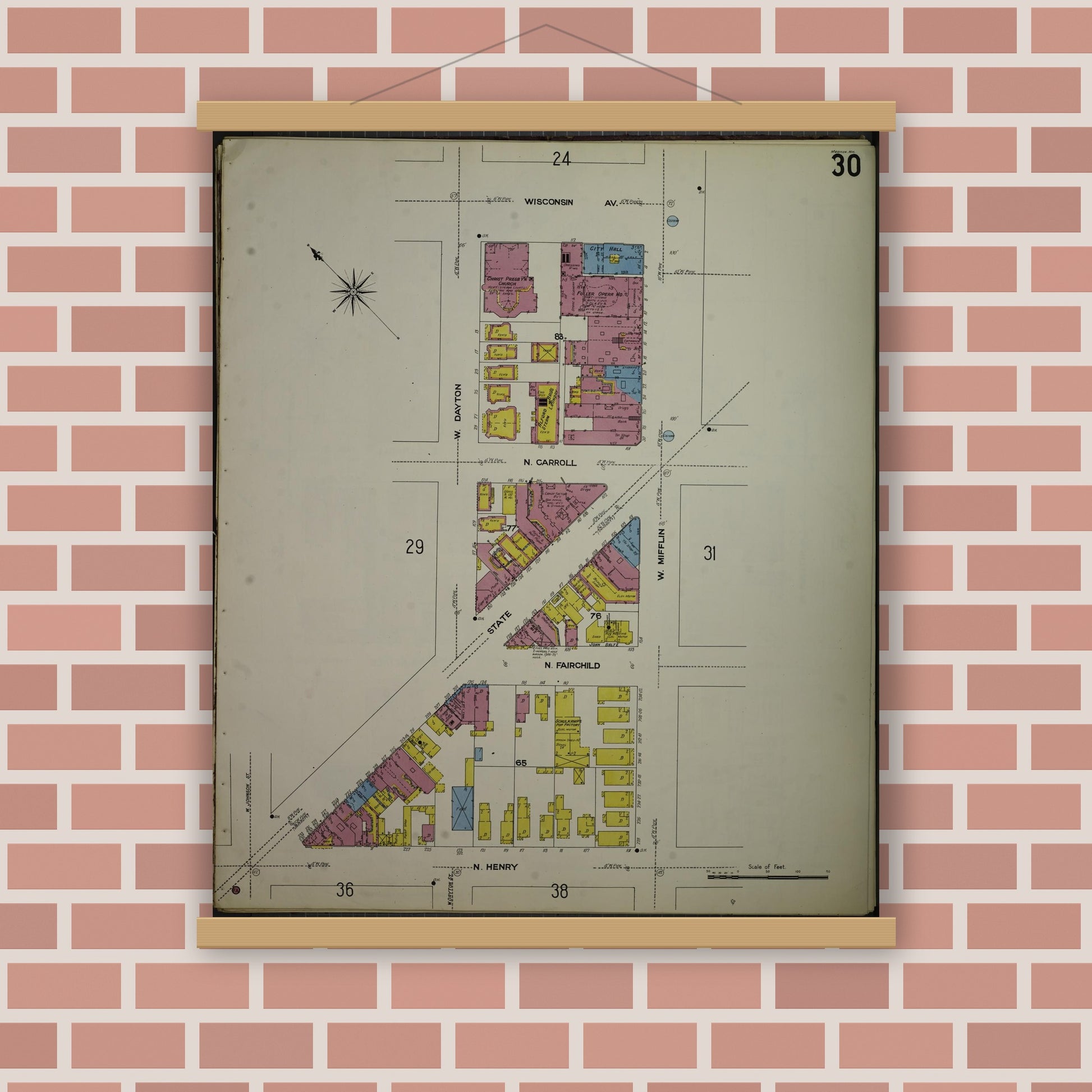Old map wall art mockup — magnetic wood frame on brick wall — Sanborn Fire Insurance Map from Madison, Dane County, Wisconsin (1908), Sheet #0030