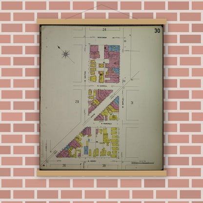 Old map wall art mockup — magnetic wood frame on brick wall — Sanborn Fire Insurance Map from Madison, Dane County, Wisconsin (1908), Sheet #0030