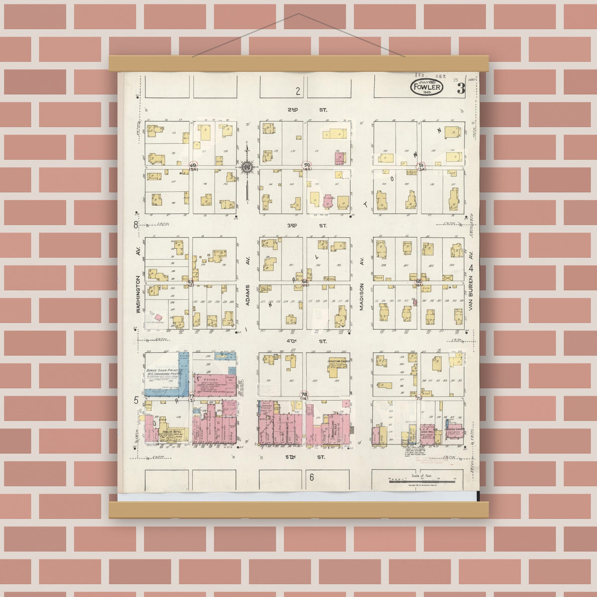 Old map wall art mockup — magnetic wood frame on brick wall — Sanborn Fire Insurance Map from Fowler, Benton County, Indiana (1932), Sheet #0003