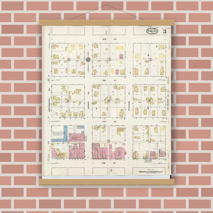 Old map wall art mockup — magnetic wood frame on brick wall — Sanborn Fire Insurance Map from Fowler, Benton County, Indiana (1932), Sheet #0003