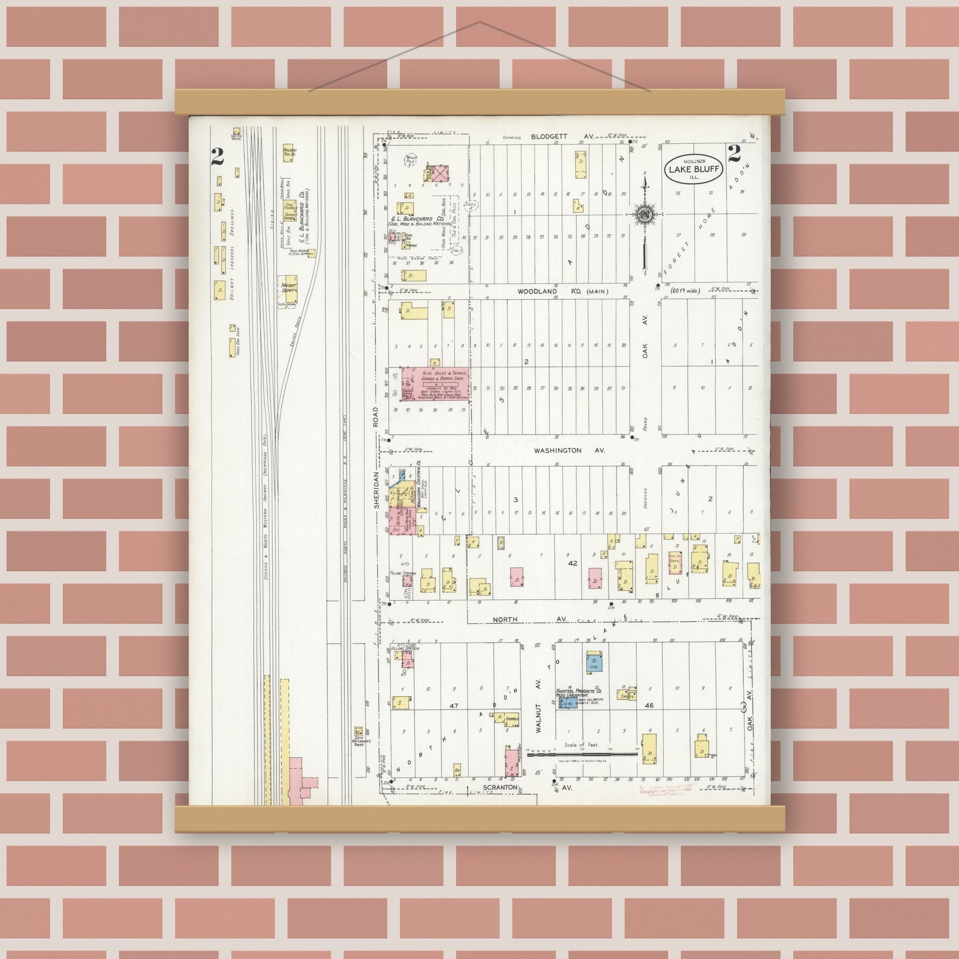 Old map wall art mockup — magnetic wood frame on brick wall — Sanborn Fire Insurance Map from Lake Bluff, Lake County, Illinois (1928), Sheet #0002