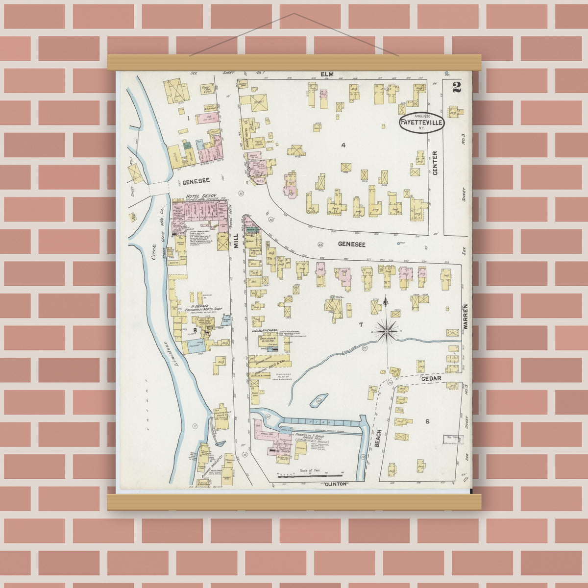 Old map wall art mockup — magnetic wood frame on brick wall — Sanborn Fire Insurance Map from Fayetteville, Onondaga County, New York (1890), Sheet #0002