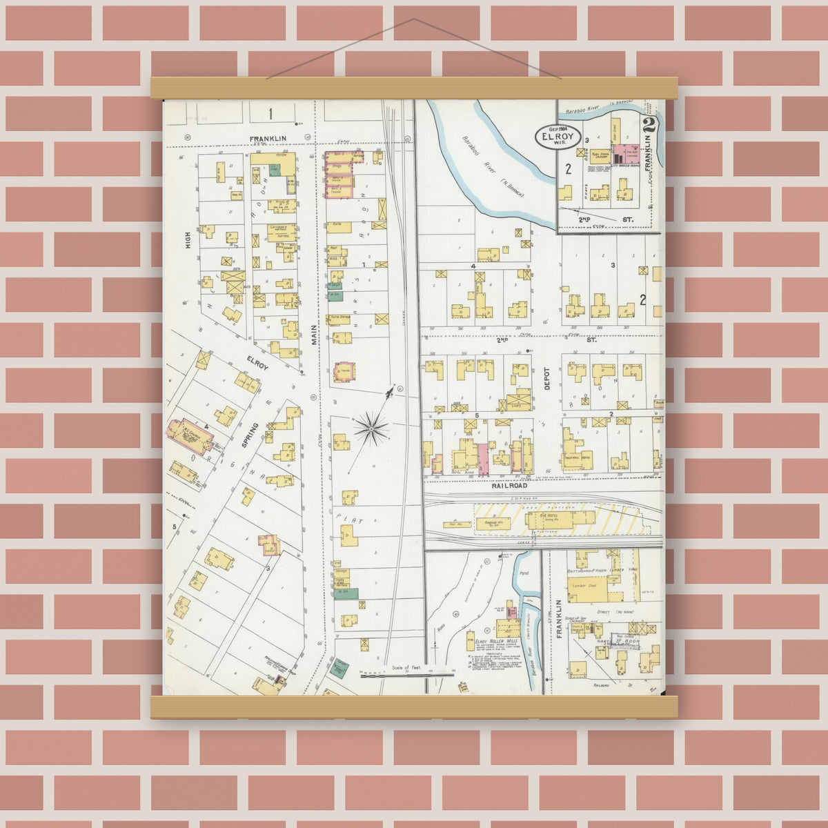 Old map wall art mockup — magnetic wood frame on brick wall — Sanborn Fire Insurance Map from Elroy, Juneau County, Wisconsin (1904), Sheet #0002