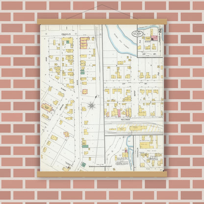 Old map wall art mockup — magnetic wood frame on brick wall — Sanborn Fire Insurance Map from Elroy, Juneau County, Wisconsin (1904), Sheet #0002