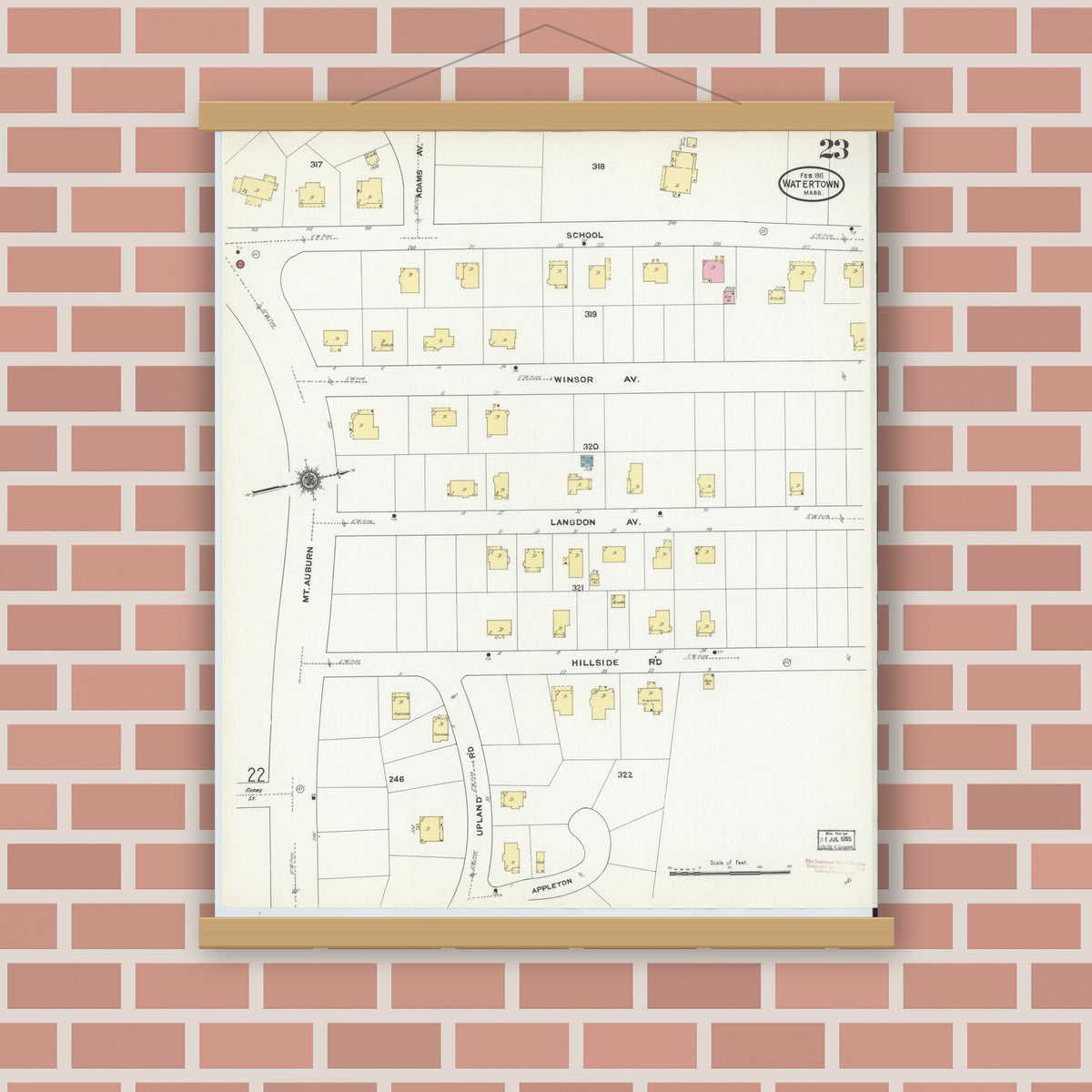 Old map wall art mockup — magnetic wood frame on brick wall — Sanborn Fire Insurance Map from Watertown, Middlesex County, Massachusetts (1911), Sheet #0023