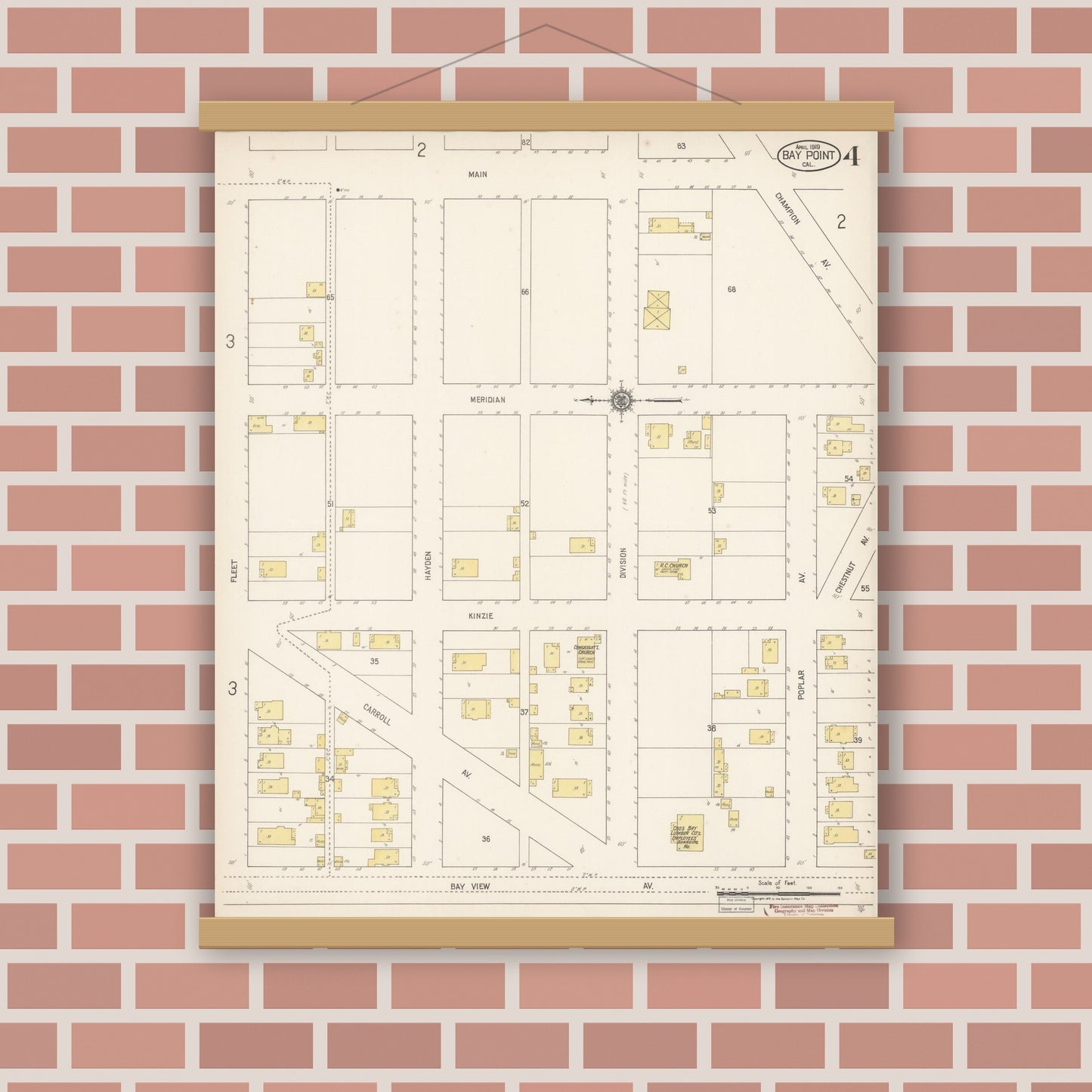 Old map wall art mockup — magnetic wood frame on brick wall — Sanborn Fire Insurance Map from Bay Point, Contra Costa County, California (1919), Sheet #0004