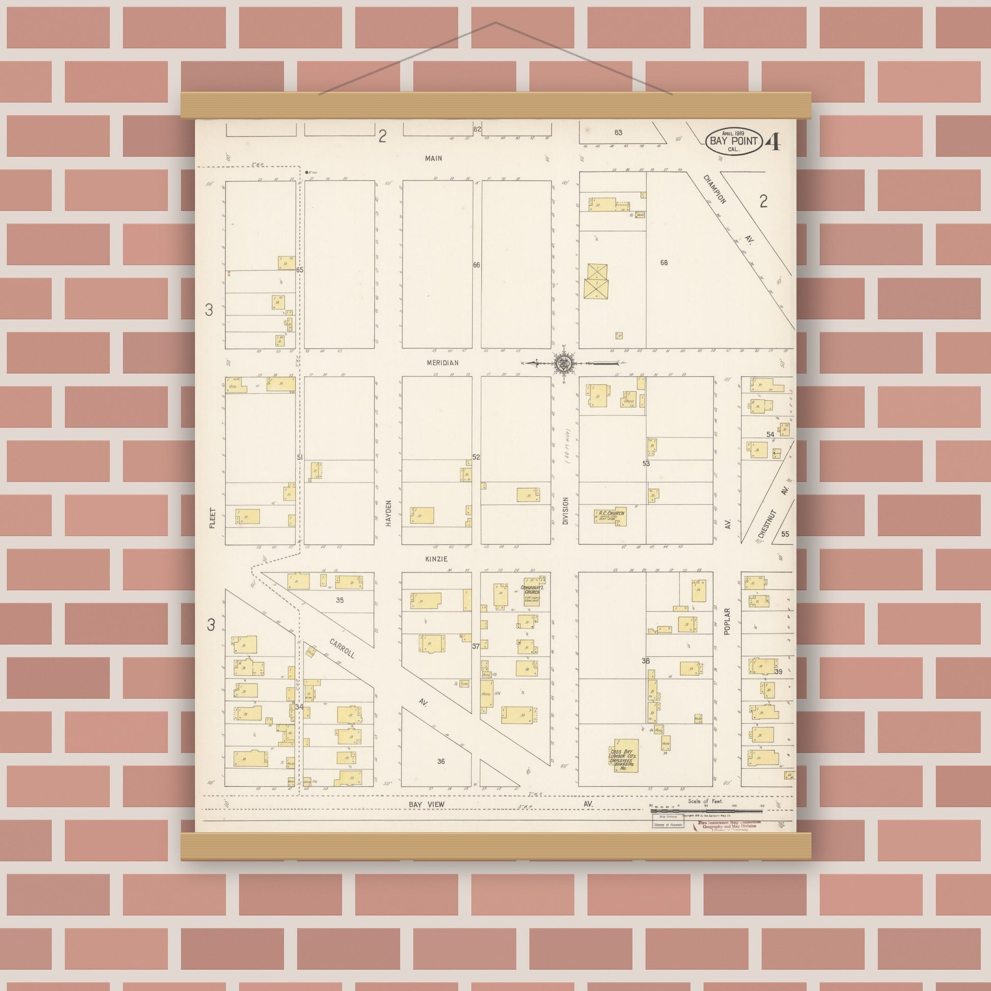 Old map wall art mockup — magnetic wood frame on brick wall — Sanborn Fire Insurance Map from Bay Point, Contra Costa County, California (1919), Sheet #0004